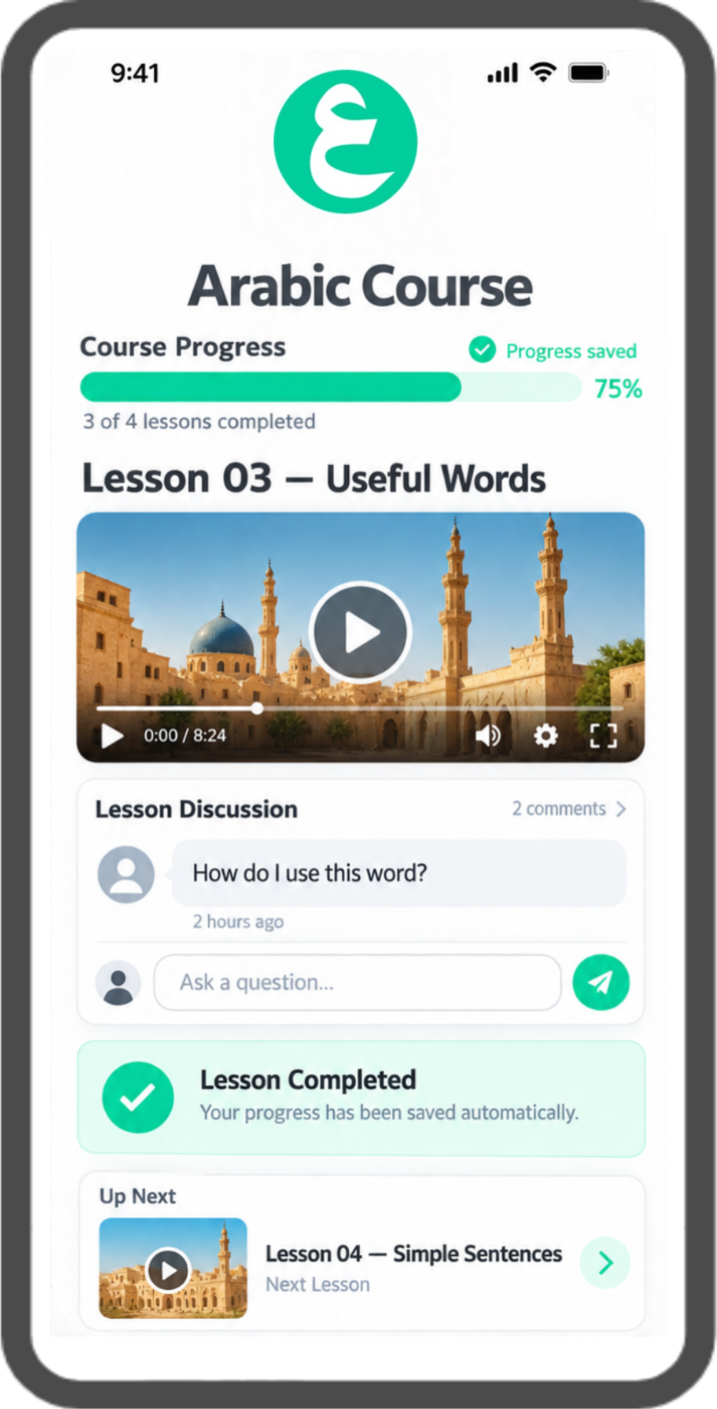 Illustration of a course video, student question, saved progress, and next lesson