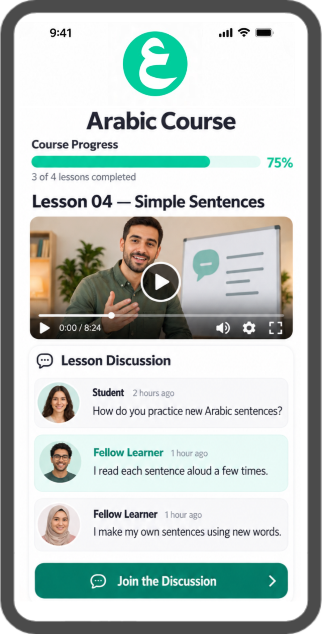 Illustration of multiple students participating in an Arabic lesson discussion