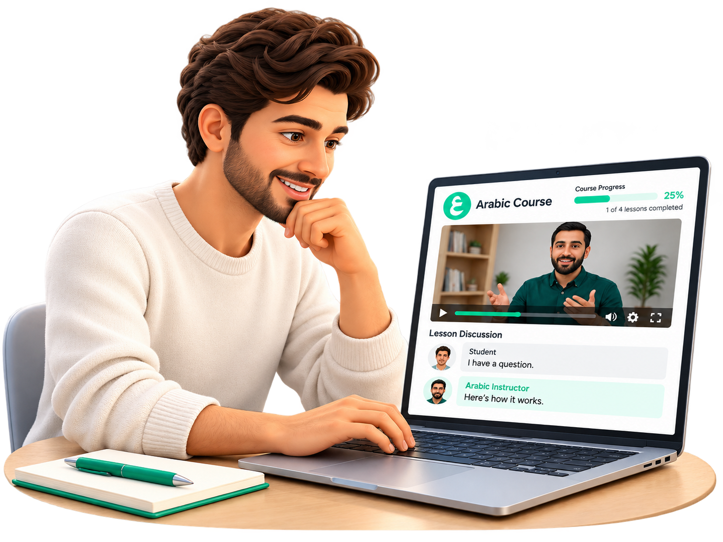 Illustration of a student learning Arabic through an online course on a laptop