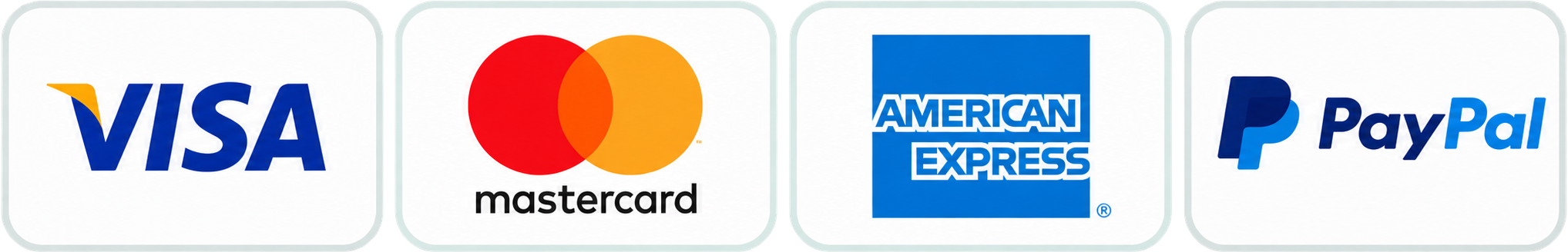 Visa, Mastercard, American Express and PayPal payment logos